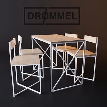 Modern Steel and Pine Table Set 3D model image 1 