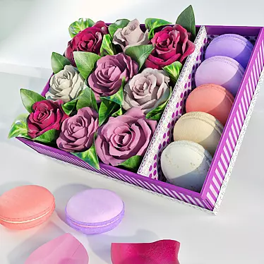 Title: Floral Decadence: Box of Roses & Macarons 3D model image 1 