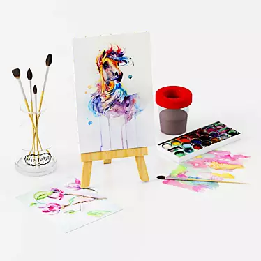 Artists' Essentials: Tabletop Easel with Watercolor Brushes & Tablet 3D model image 1 