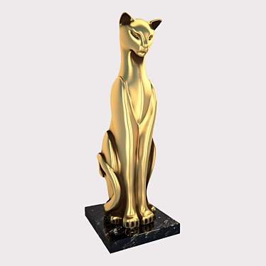 Golden Cat Figurine on Marble Base 3D model image 1 