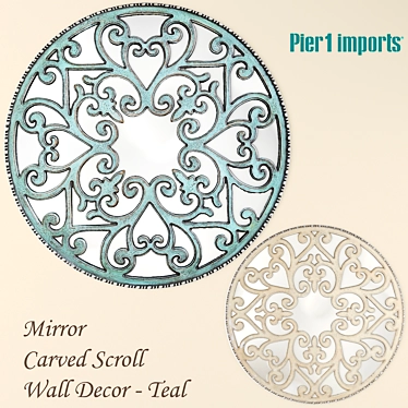 Teal Carved Scroll Mirror: Elegant Wall Decor 3D model image 1 