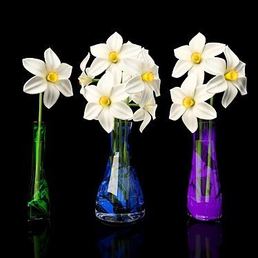 Elegant Glass Vases with White Daffodils 3D model image 1 