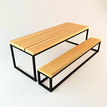 Modern Ash Wood Table and Bench 3D model image 1 