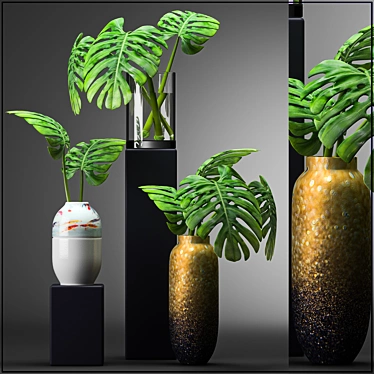 Leafy Haven: Modern Vases with Monstera Leafs 3D model image 1 