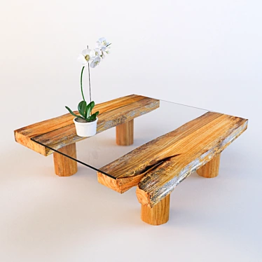 Rustic Wood Coffee Table with Glass Top 3D model image 1 