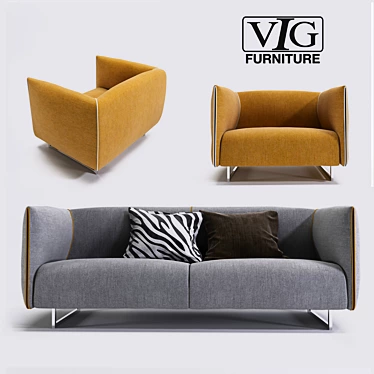 Modern Grey & Yellow Fabric Sofa Set 3D model image 1 