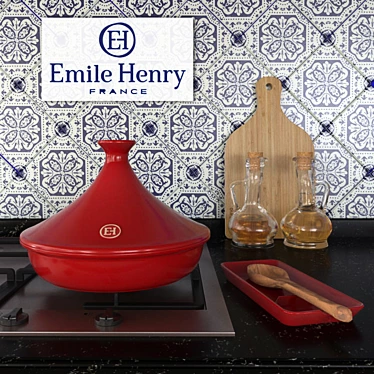 Tazhin ceramic Emile Henry, bottles with vinegar and oil, a spoon with stand