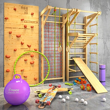 All-in-One Sports Kit: Gymnastic Wall, Rings, Turnbar, Fitness Ball, Skateboard, Climbing Wall 3D model image 1 