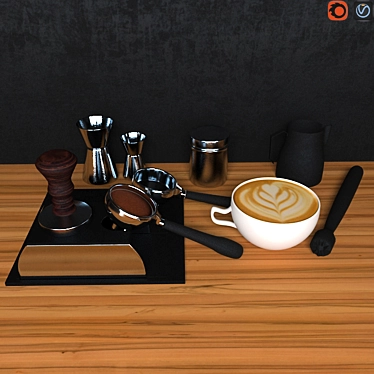 Complete Barista Set: Pitcher, Tamper, Jug, Temper, Stand, Cappuccino Cup 3D model image 1 