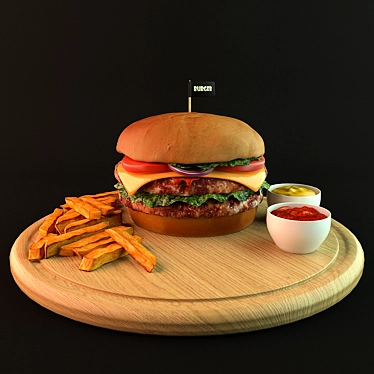 Delicious Burger and Fries Set 3D model image 1 