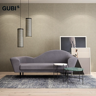 Gubi Grand Piano Sofa Set: Le Corbusier Dots Wallpaper, Colored Vintage Rug, Tables & Pedrera Ana Pendant Lamp 3D model image 1 