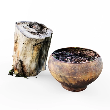 Rustic Cast Iron Pot and Stump 3D model image 1 