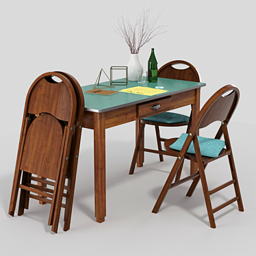 Vintage Tric Set: Foldable Chair & Kitchen Table 3D model image 1 