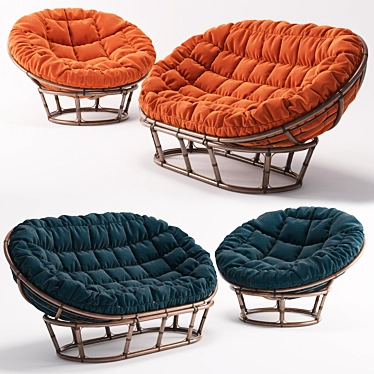 Rattan Papasan Chair & Mamasan Sofa Set 3D model image 1 