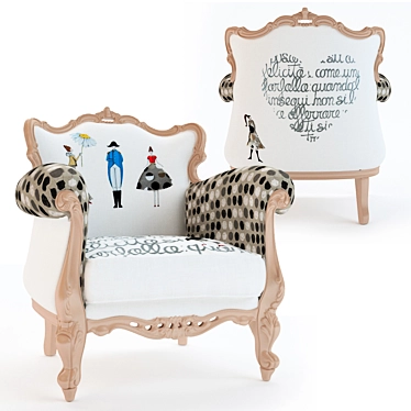 Hand-carved Wooden Chair with Hand-painted Fabric 3D model image 1 