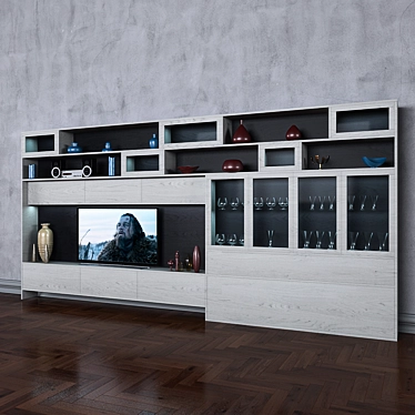 Modern Wardrobe with TV, Books & Vases 3D model image 1 