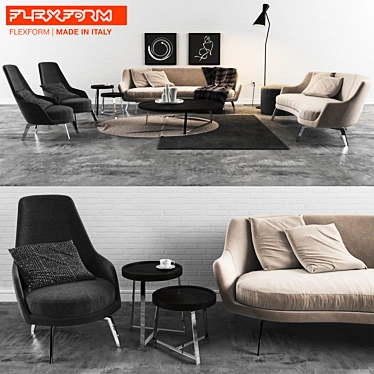 Flexform 01: Sofa, Armchair, Pillows, Poof, Tables 3D model image 1 