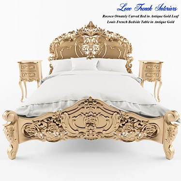 Regal Rococo Carved Bed in Antique Gold 3D model image 1 