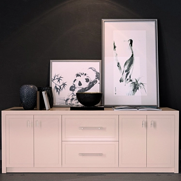 Elegant Cabinet with Painting, Photo Frame, Vase, and Books 3D model image 1 