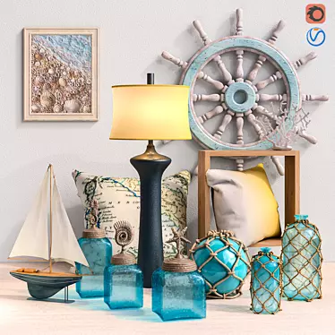 Coastal Decor Set - Sea Life Canisters, Lamp, Pillows, and More 3D model image 1 