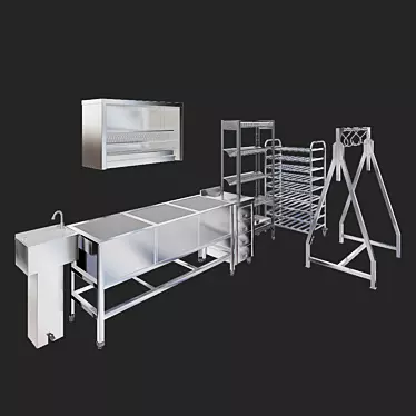 Professional Kitchen Equipment: Sink, Rack, Shelf, Worktable, Meat Hanging Rack 3D model image 1 