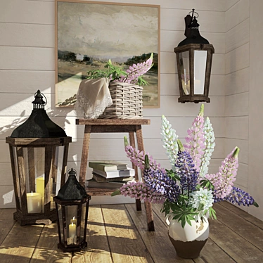 Decorative set of objects with a bouquet of lupine