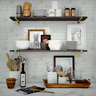 Kitchen Utensil Shelf with Crockery & Cutlery 3D model image 1 