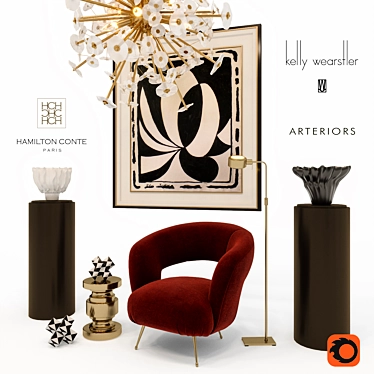 Vintage Elegance: Chair, Table, Chandelier, Lamp, Art 3D model image 1 