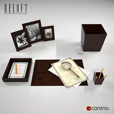 Brown Office Table Set: Pencil Holder, Paper Basket, Desk Mat, Letter Tray 3D model image 1 