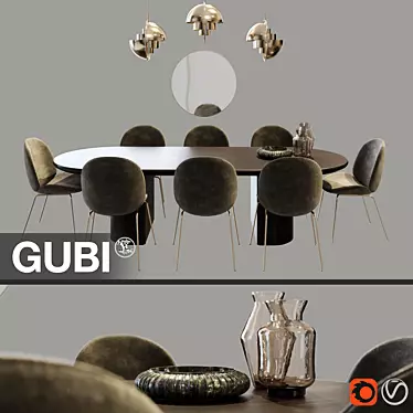 Modern Gubi Dining Set: Moon Table, Beetle Chair, Multi-Lite Lamps 3D model image 1 