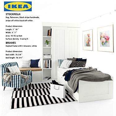 IKEA BRIMNES & STOCKHOLM: Daybed with Drawers & Handmade Stripe Rug 3D model image 1 