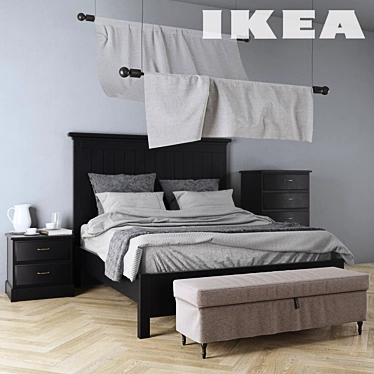 IKEA Bedroom Set: Undredal Bed, Nightstands, Numo Lamp, Stocksund Bench 3D model image 1 