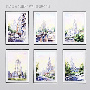 Landscapes of Moscow in the passepartout. Watercolor (set-21)