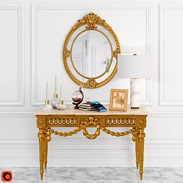 Elegant Louis XVI Gilt Wood Console w/ Oval Brown Resin Mirror 3D model image 1 
