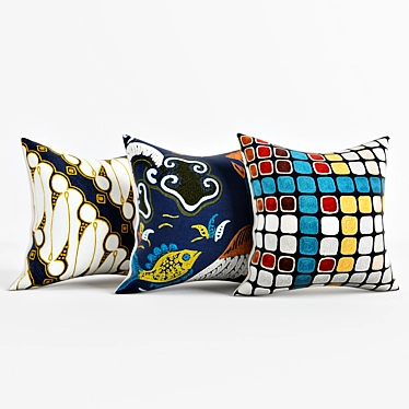 Stylish Pillow Set: Crewel Blocks, Chicken Fish, Bias Stripe 3D model image 1 