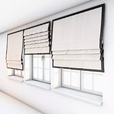 Light beige Roman curtains with a dark brown edge along the edge with a window.