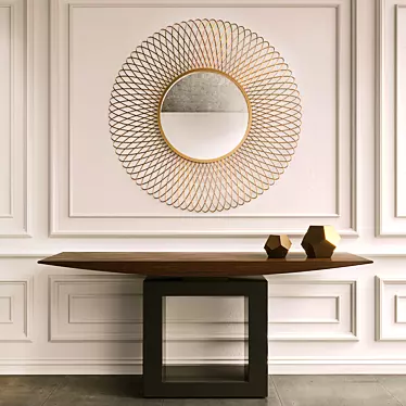 Sleek Walnut Console & Copper Mirror 3D model image 1 