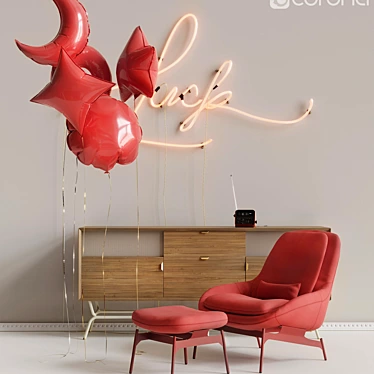 Fortune Collection: Lounge Chair, Credenza, Clock Radio, Art Neon & Balloons 3D model image 1 