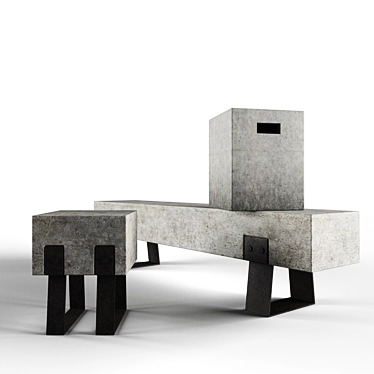 Modern Concrete Bench and Stools Set 3D model image 1 
