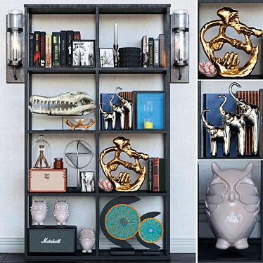 Golden Sculpture Decor Set: Rack, Figurine, Books, Candle, Sconce 3D model image 1 