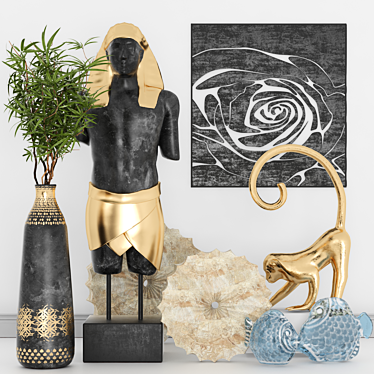 Egyptian Inspired Decor Set: Stone Statues, Gold Vase, Figurines & Panels 3D model image 1 