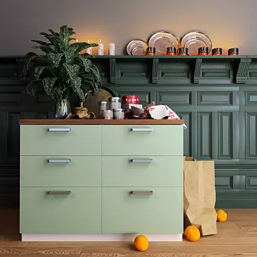 Ikea Metod Kitchen Set - Green Cabinet, Wood Worktop, Decoratives 3D model image 1 