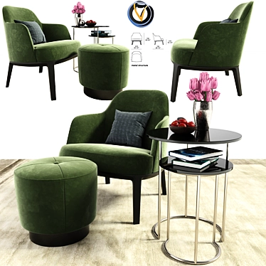 Modern Jane Fabric Armchair with Nesting Coffee Tables 3D model image 1 