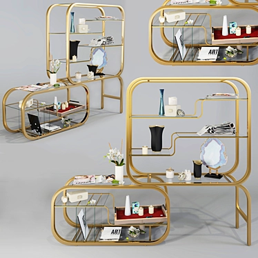 Adjustable Brass & Glass Etagere 3D model image 1 