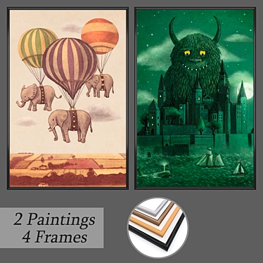 Elegant Framed Set: 3 Paintings, 4 Frames 3D model image 1 