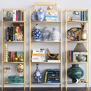 Elegant Décor Shelf with Porcelain, Books, and Lamp 3D model image 1 