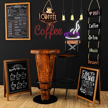 Vintage Coffee Shop Set: Table, Chair, Board 3D model image 1 