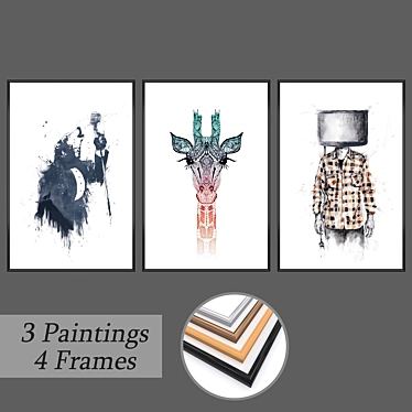 Artistic Collection: 3 Paintings and 4 Frames 3D model image 1 
