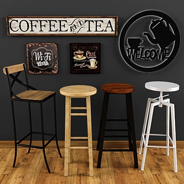 Vintage Cafe Setup - Chair, Board, Floor, Wifi 3D model image 1 