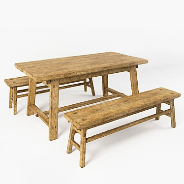 Rustic Country Table & Bench 3D model image 1 